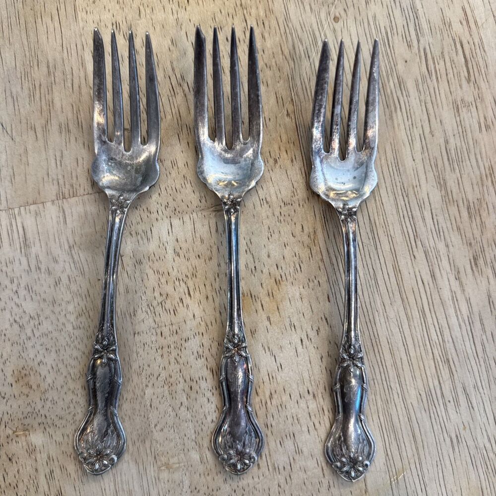3 Antique Pilgrim Silver Co Sharon Ice Cream Forks Sporks Dessert 6” Engraved H
